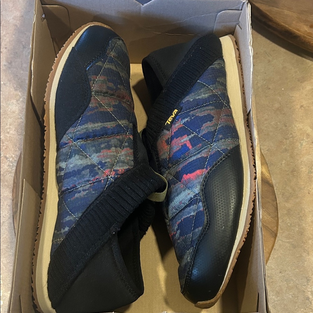Teva Black and Blue Quilted Slip-Ons